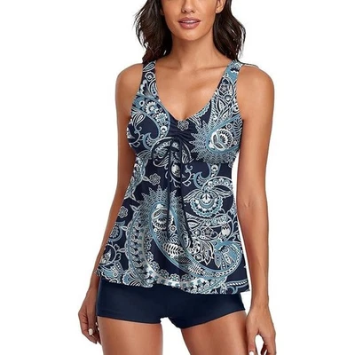 Tankini Swimsuit Navy Blue Paisley Print Tank Top Boy Short Swim Bottoms XXL - Image 1 of 4
