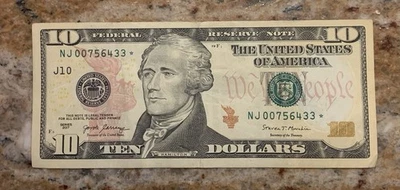 2017 Ten Dollar Star Note Serial # NJ 00756433* - Image 1 of 2