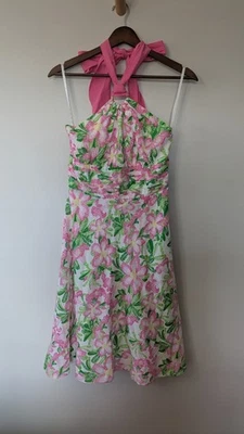Lilly Pulitzer 复古花卉连衣裙 6 码丝绸棉吊带 Midi 女性  — 第 1/4 张图片