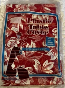 Vintage MCM Decor Red Floral Flannel Back Tablecloth Oblong Made in USA 52x70 - Picture 1 of 10