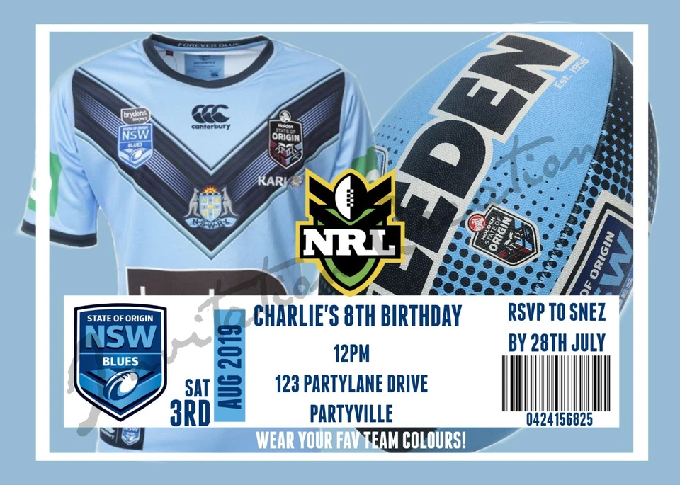Hágalo usted mismo Impresión Personalizada NRL NSW BLUES ESTADO DE ORIGEN Invitaciones de Fiesta de Cumpleaños Foto 1 de 1