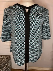 New Woman's Avenue Black White Aqua Diamond Geo Pattern Blouse Top Size 22/24 - Picture 1 of 11