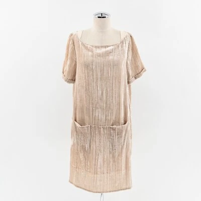 ANTHROPOLOGIE Dress Sz S Beige Crushed Velvet Short Sleeve Pocket Shift FLOREAT - Image 1 of 4