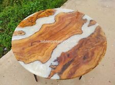 White Epoxy Round Top Side Table Handmade Interior Furniture Table Acacia Wooden