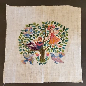 Piper and Girl in Tree with Birds Finished Cross Stich Picture Needlework 8" Vtg - Picture 1 of 6