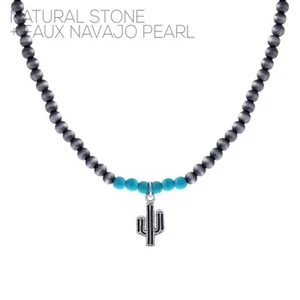 Rhodium Plated Faux Navajo Pearl Cactus Necklace (0.5x1in) (14+4in) - Picture 1 of 1