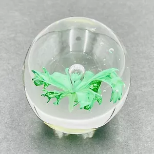 Art Glass Green Flower Paperweight with Bubble Handblown - Picture 1 of 8