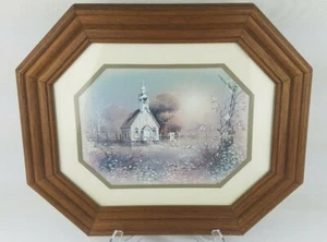 Vintage Country Church Wood Framed 14.5" x 17.5" Picture Print Traditional - Picture 1 of 8