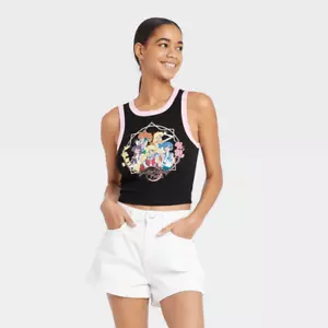 Sailor Moon Crystal Women's Size Large Ribbed Cropped Tank Top Black Pink Trim A - Picture 1 of 9