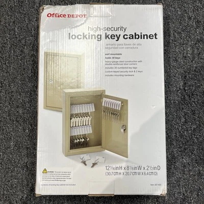 Office Depot High-Security Wall Mountable Locking Key Cabinet 30 Key Tags NIB - Image 1 of 2