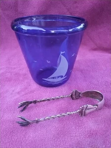 Vintage Hazel Atlas Cobalt Blue Ice Bucket Depression Glass Sailboat With Prongs - Picture 1 of 2