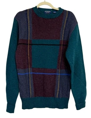 Vintage Puritan Moorings Mens Wool Sweater Plaid Green Red Blue Grandpa Size L - Image 1 of 4