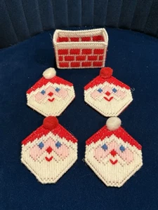 Vintage Santa Claus Coasters Set and Holder Cross Stitch Plastic Canvas - Picture 1 of 13