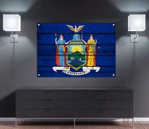 New York State Flagge Holzdruck Wandkunst Dekoration 24" x 15" - Bild 1 von 6