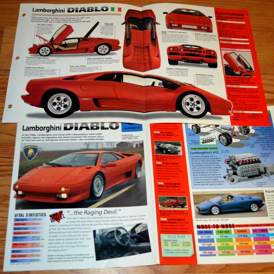 2 1991 Lamborghini Diablo Especificaciones Información Original Póster Folleto 91 Foto 1 de 1
