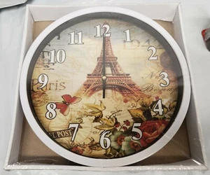 Plastic Wall Clock, app.11.5", PARIS BUTTERFLIES & FLOWERS, EIFFEL TOWER, white - Picture 1 of 9