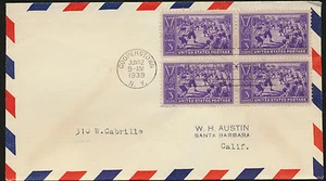 #855 1939 Baseball erster Tag mit VIERBLOCK auf Luftpost Grenzumschlag - Bild 1 von 2