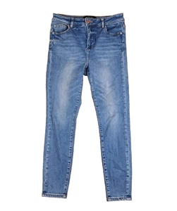 Decjuba Jeans Womens Size 12 Blue Whiskered High Rise Straight Stretch Denim - Picture 1 of 14