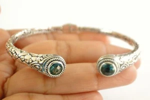 Green Quartz Ornate Balinese 925 Sterling Silver Cuff Bangle Bracelet - Picture 1 of 6