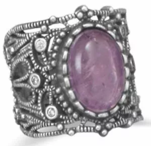Amethyst Gemstone ring-oval solitaire w/accent stones-925 Sterling Silver-size 8 - Picture 1 of 4
