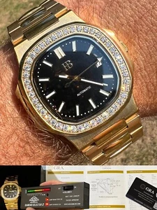 Mens Real Stainless Gold Iced 2ct Moissanite Watch Pass Diamond Test Black Face - Picture 1 of 12