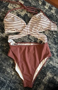 Victoria's Secret PINK Badeanzug gestreift Cutout Wickeloptik Einteiler Größe Medium - Bild 1 von 4