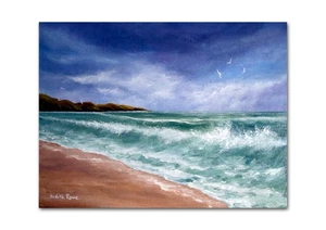 Original Seascape Painting "Surf's Up" on 12x 9" Canvas Board by Judith Rowe - Picture 1 of 3
