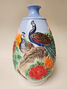 Raro splendido vaso vintage porcellana cinese pavone e fiori alto 15" - Foto 1 di 14