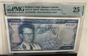 BELGIAN CONGO 1959 1000 FRANCOS P35 PMG CERTIFICADO EN MUY BUEN ESTADO 25 SIN AGUJEROS - LIMPIO Y NÍTIDO - Imagen 1 de 2
