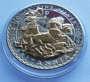 1 UNZE 999 SILBER - BRITANNIA 2009 - 24 KARAT GOLD - SILBERMÜNZE - SILBERBARREN - Bild 1 von 2