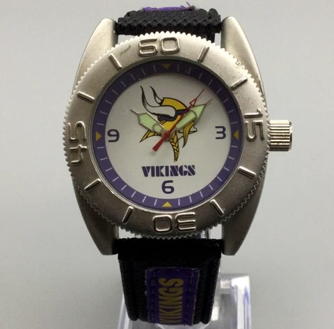 Minnesota Vikings Watch Women Silver Tone Round Black Band New Battery Cover