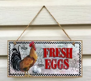 ROOSTER Wooden Sign - Size 5.5" x 11" - "FRESH EGGS" Vintage Reproduction Print - Picture 1 of 1