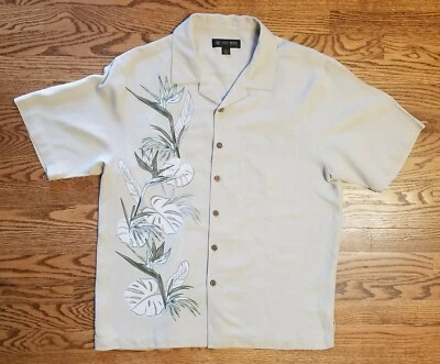 SUN MODA Silk Shirt L Bird of Paradise Palm Leaves Hawaiian Aloha Tiki Camp  - Image 1 of 4