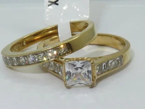 Gold engagement ring princess square 2pcs cz set wedding band bridal new 1895 - Picture 1 of 4