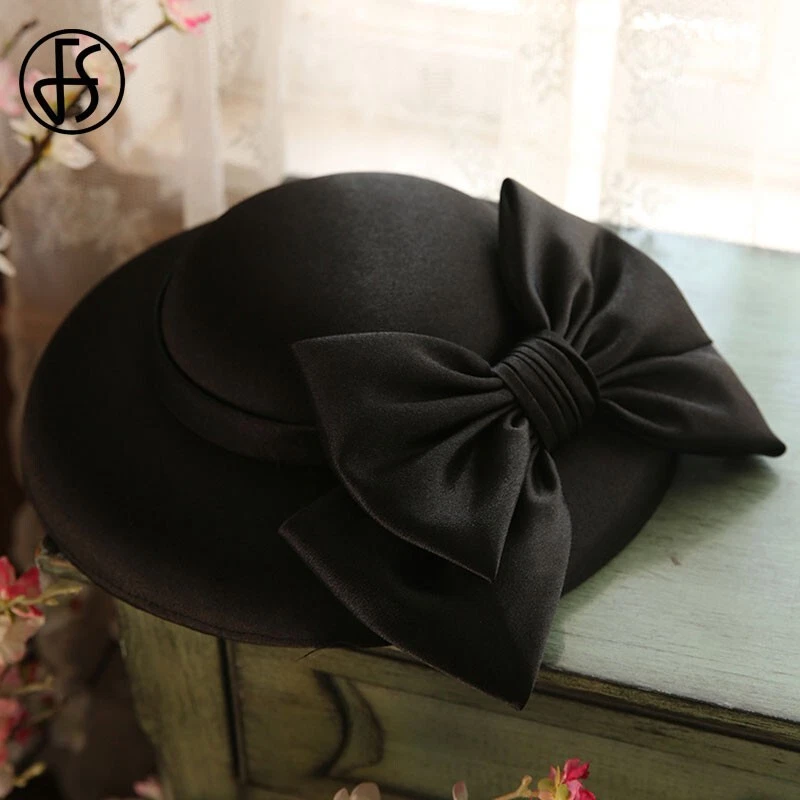 Черный Fascinator верхняя шляпа женский большие поля платье церкви шляпы с бантом - Изображение 1 из 2