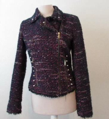 Jaqueta ZARA TRAFALUC feminina média azul marinho vermelho boucle tweed moto mistura de lã forrada - Imagem 1 de 4