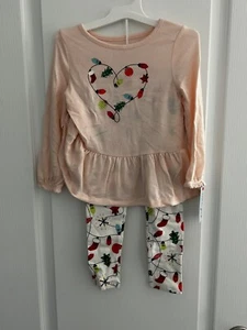 Cat & Jack 3T Light Peach Heart Lights Christmas Shirt & Leggings - Picture 1 of 3