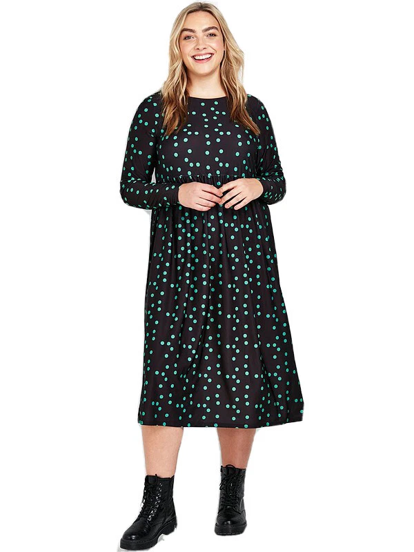 Evans Curve Plus Green Spot Polka Dot Midi Jersey Dress Black Green UK Size 16 - Image 1 of 1