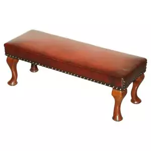 ANTIQUE CABRIOLET LEG FULLY RESTORED HAND DYED BORDEAUX LEATHER TUFTED FOOTSTOOL - Picture 1 of 12