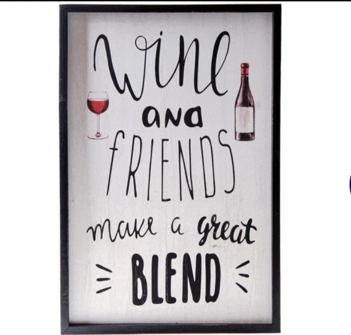 Arte de pared de madera enmarcado con diseño impreso "Vino y amigos" acabado pintado blanco Foto 1 de 1