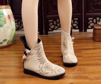 Botas femininas bordadas florais sapatos de tornozelo estilo chinês casual conforto sem salto - Imagem 1 de 4