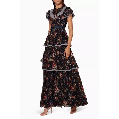 Maxi Vestido Aguja e Hilo Azul Marino Invierno Bosque Floral Nivel Volantes Encaje Pradera 2 Foto 1 de 4