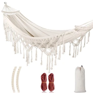 Backyard Hammock with Tassels Max 500lbs Canvas Fabric Bohemian Style with Th... - Picture 1 of 7