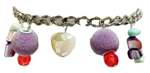 Chunky Y2K Silver Toned Charm Bracelet Purple Abalone & Plastic Iridescent Beads - Picture 1 of 6