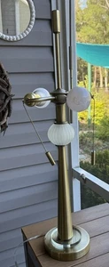 Mid Century Style Table Lamp Brass Glass 2 Light Pull Chain - Picture 1 of 9