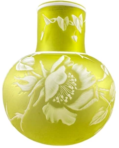 ENGLISH YELLOW ACID CUT BACK CAMEO GLASS VASE WITH FLOWERS -- WEBB - Picture 1 of 4