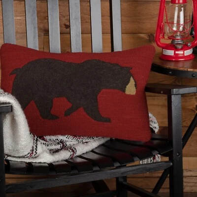 Wyatt Bear HOOKED PILLOW 14x22 Lodge Cabin Country VHC Brands Crimson Espresso - Image 1 of 4