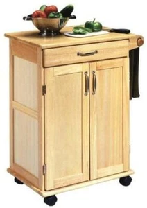 Natural Wooden Kitchen Trolley Cart Storage Cabinet Prep Table Utility Island - Picture 1 of 4