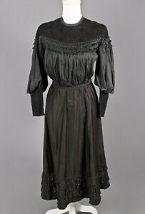 VTG Antique Women's Early 1900s Black Leg of Mutton Dress Sz XS Edwardian