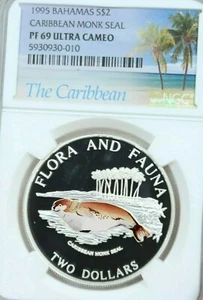 1995 BAHAMAS SILVER 2 DOLLARS CARIBBEAN MONK SEAL NGC PF 69 ULTRA CAMEO TOP POP - Picture 1 of 4